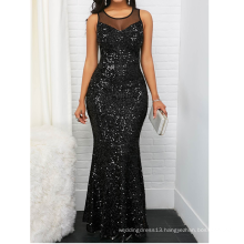 Sexy Black See Through Sequin Patchwork Sleeveless Maxi Lady Prom Dress